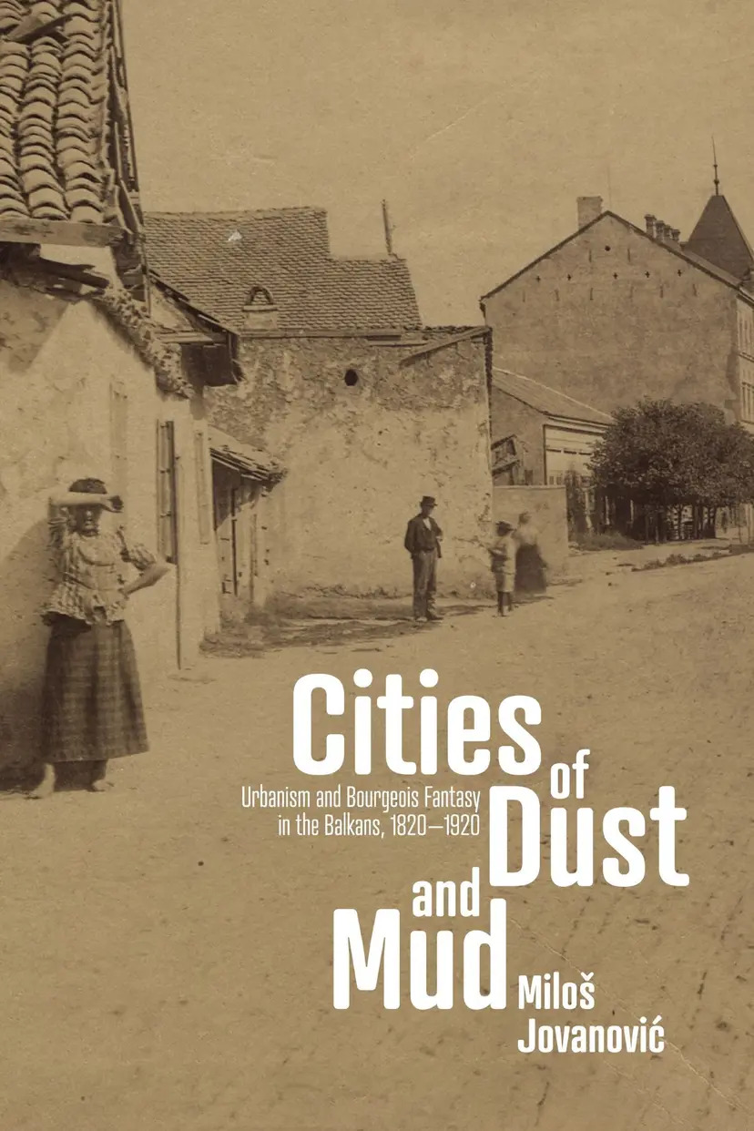 Cities of Dust and Mud cover, an archival photo of a muddy urban street with residents looking at the photographer