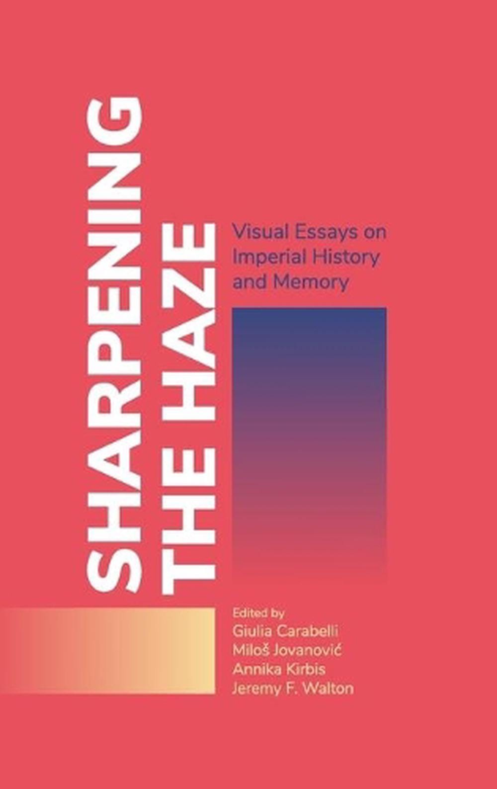 Sharpening the Haze cover, a gradient of two colors over a striking red-pink background